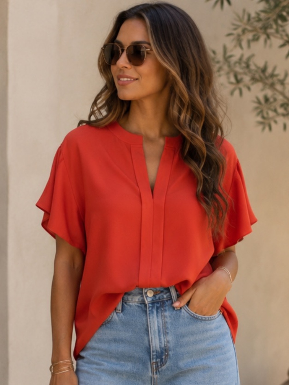 Boho Chic Split-Neck Flutter Sleeve Top - Picture 2 of 2